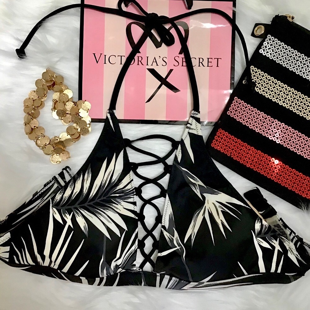 PINK Victoria’s Secret Black Caged Palm Leaf Tropical Halter Bikini Top Size XS